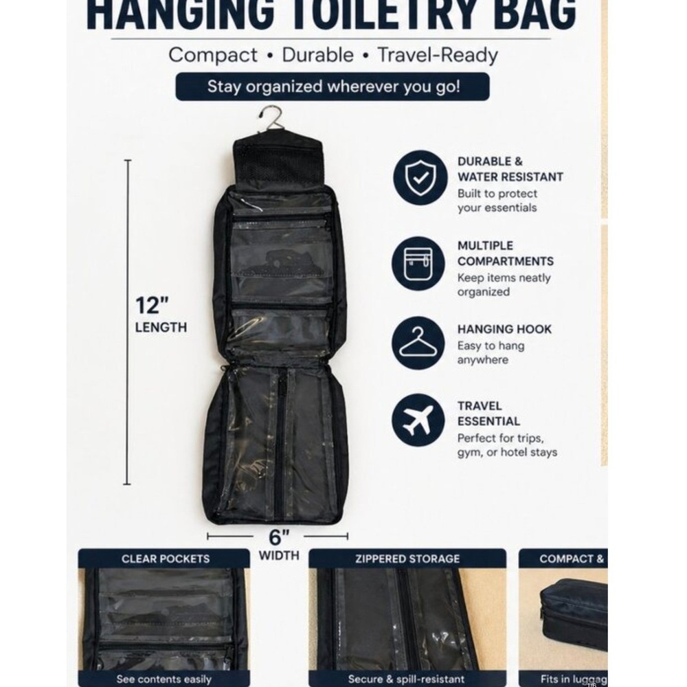NWT Bag and Carry Black Hanging Toiletry Bag